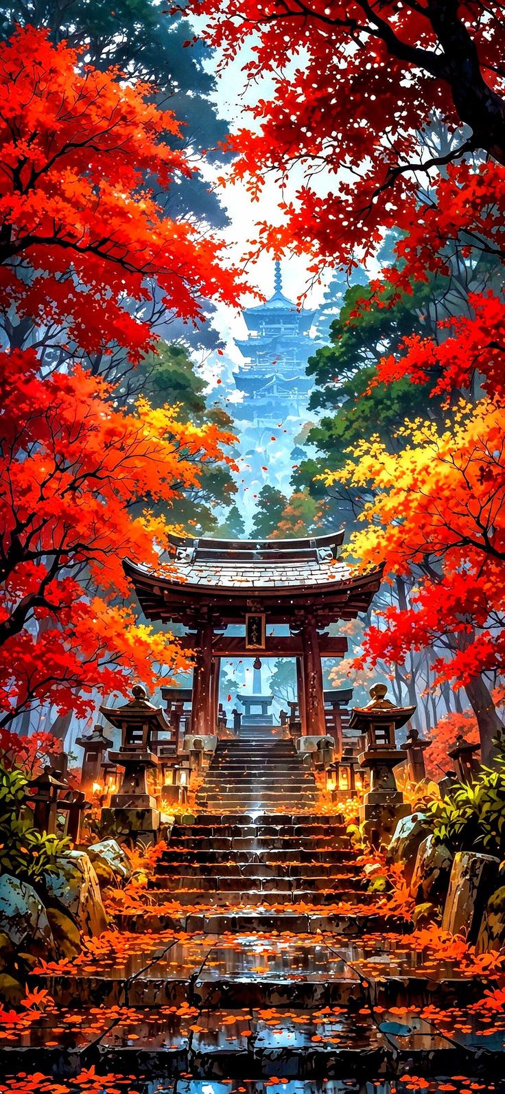 картина пагоды, окруженной деревьями и скалами