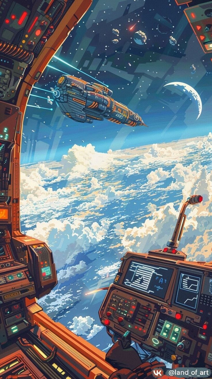 космические корабли пролетают над облаками и планетой на расстоянии