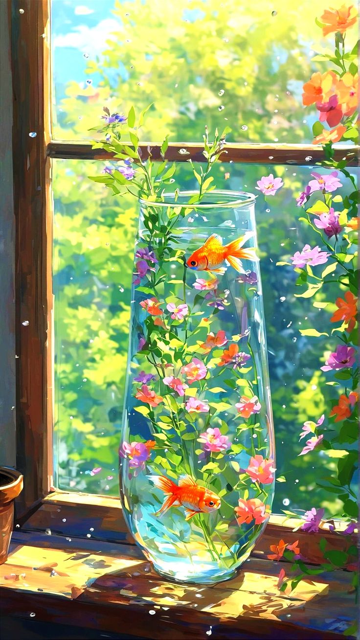 в ней есть ваза с цветами и рыбой, сидящая на подоконнике