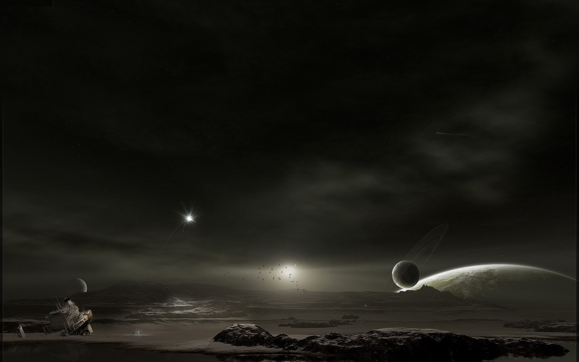 человек сидит на скале и смотрит на планету