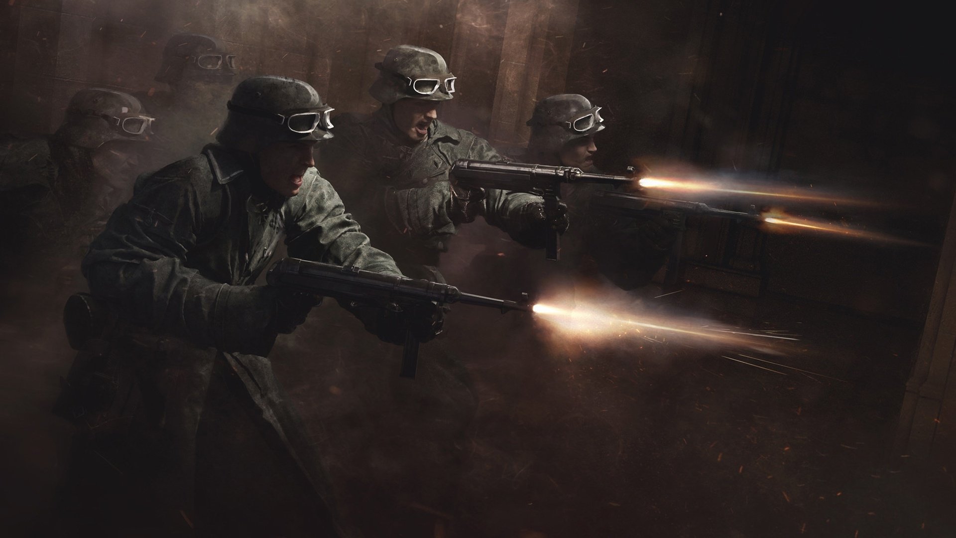 солдаты в темной комнате с фонариком и пистолетом