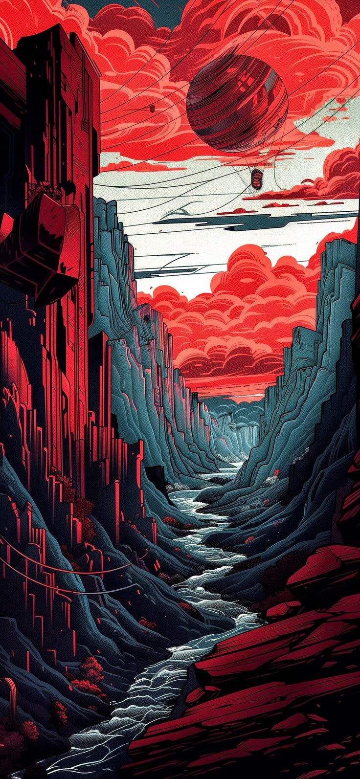 красное небо с рекой посередине