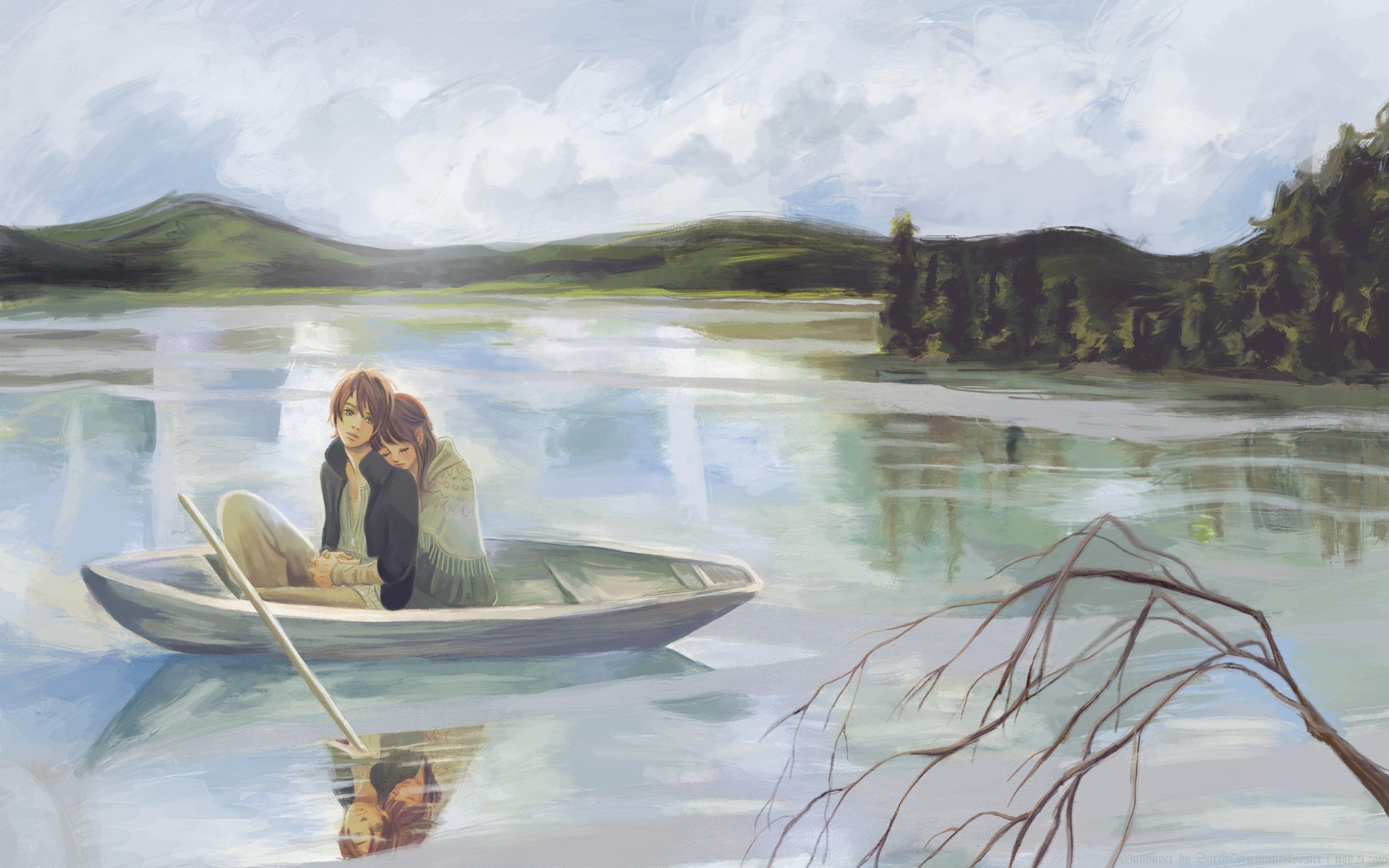 девушка, рисунок, лодка