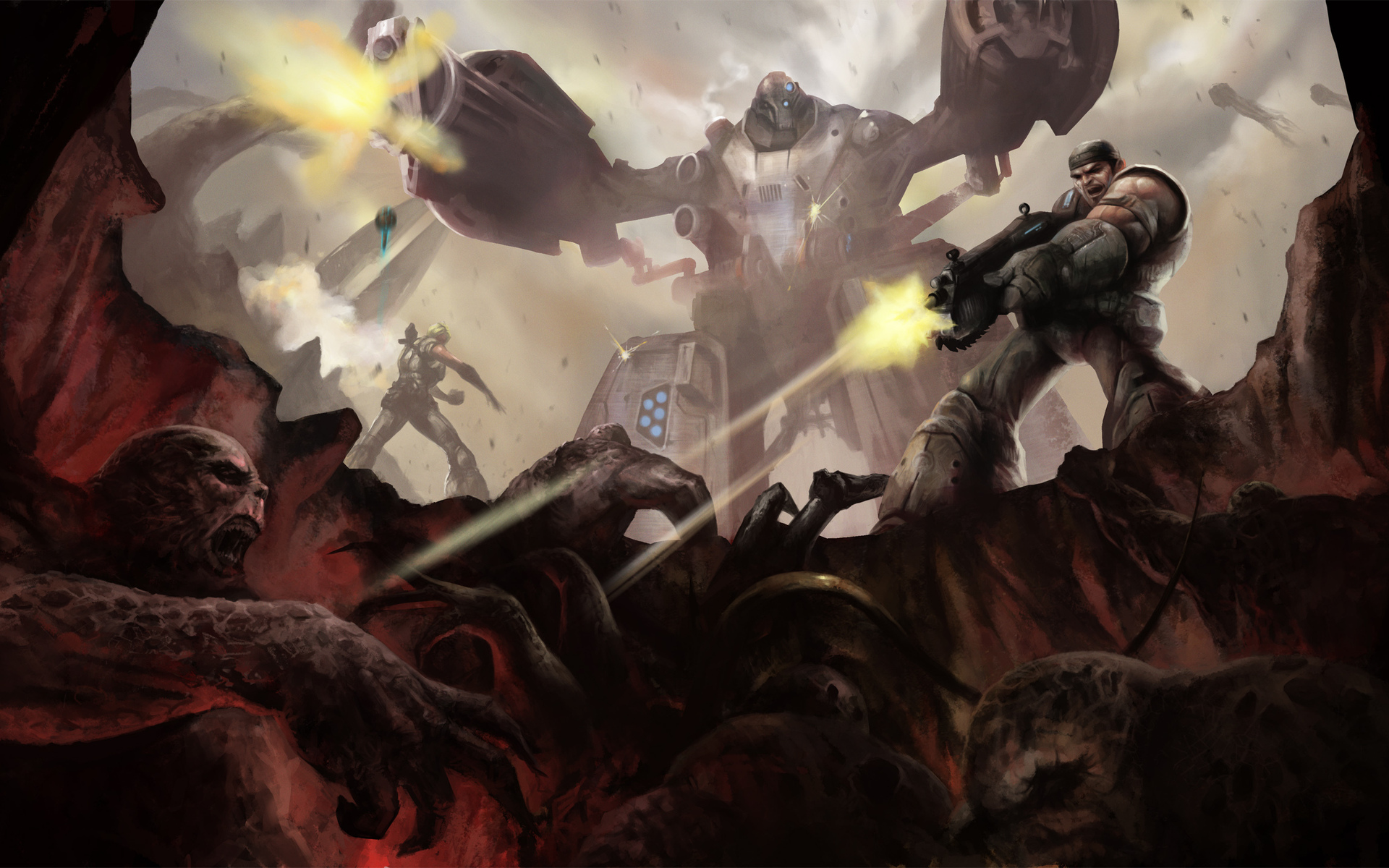 штормы, атакующие гигантского робота в пещере с огнем