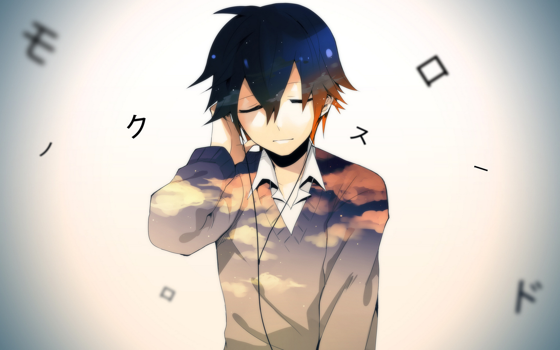 мальчик-аниме с наушниками на прослушивание музыки перед часами