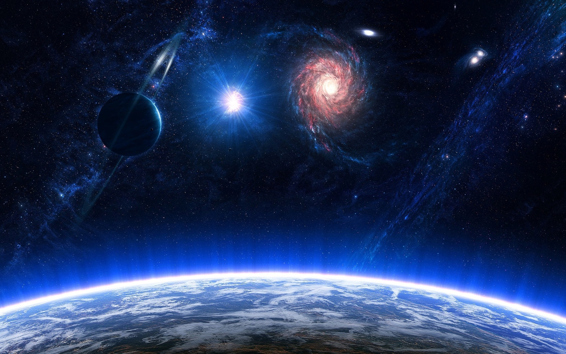 планеты и звезды на небе с голубым свечением