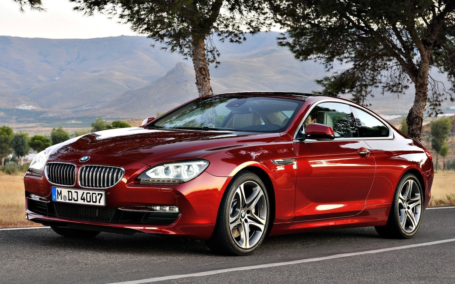 женщина красного цвета bmw 6 серии припаркована на дороге с горами на заднем плане