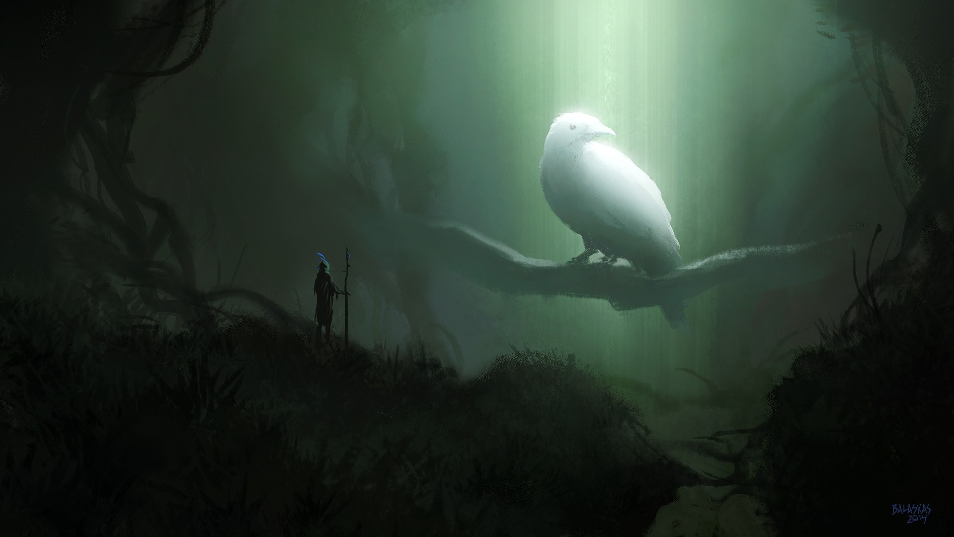 есть птица, сидящая на ветке в темноте