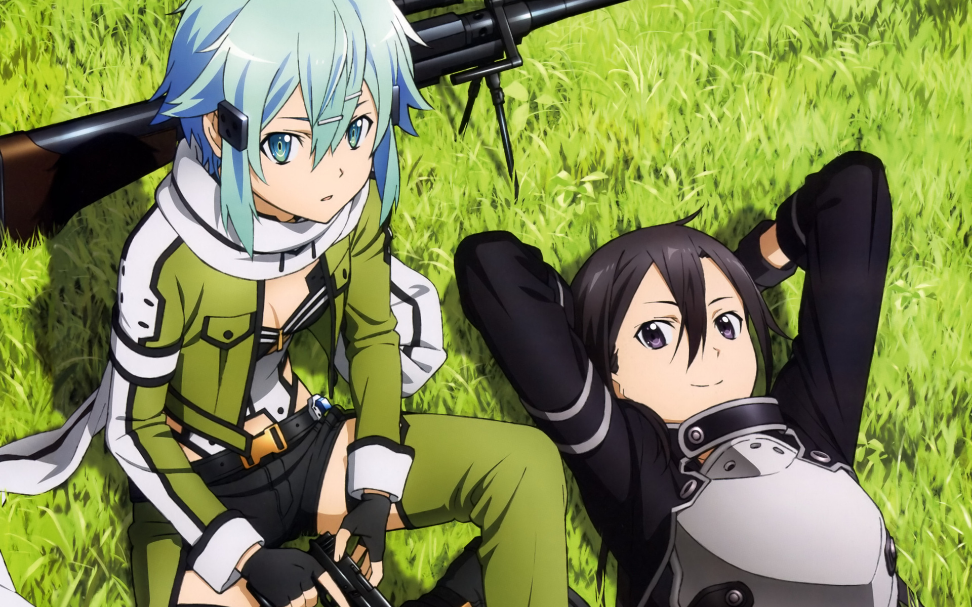 персонажи аниме сидят в траве с оружием в руках
