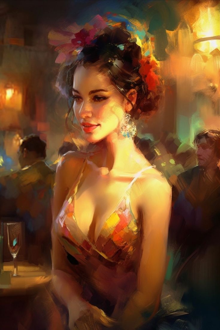 картина женщины в платье, стоящей в переполненной комнате