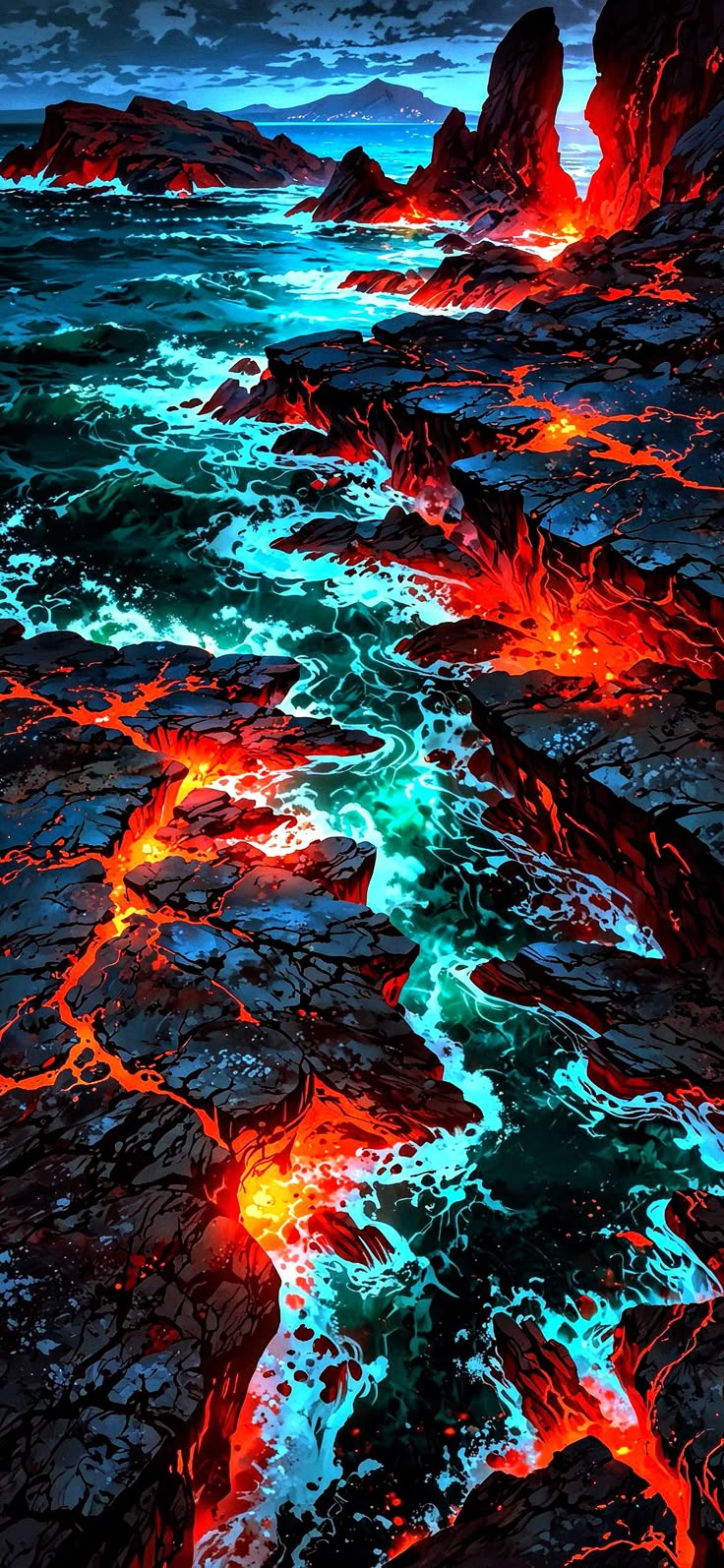 лава течет в океан ночью со светящимися огнями