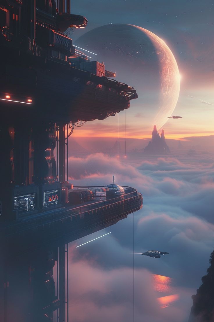 космические корабли пролетают над городом в небе с планетой на заднем плане