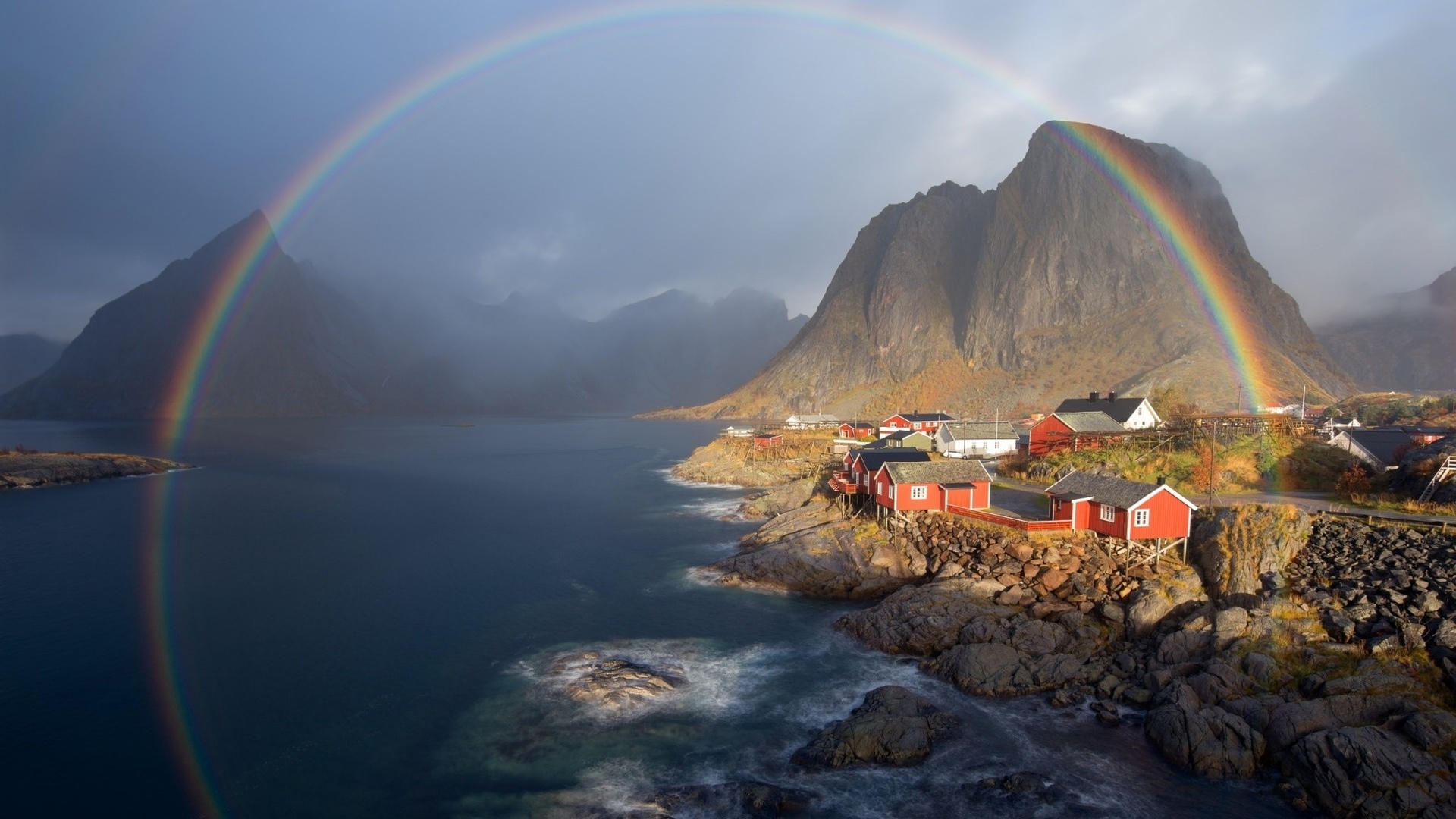 гора, радуга, камень