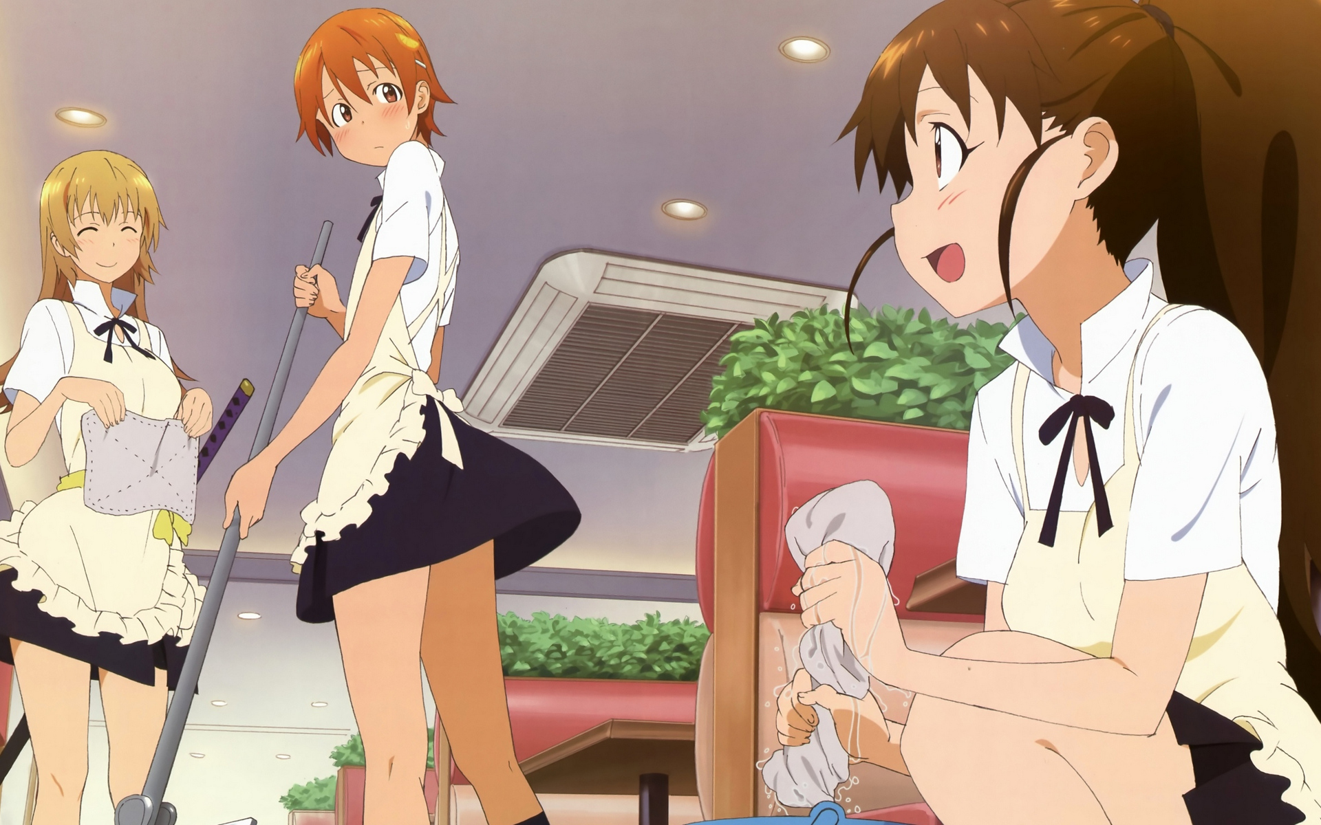 аниме-изображение группы девушек в униформе горничной, стоящих в комнате