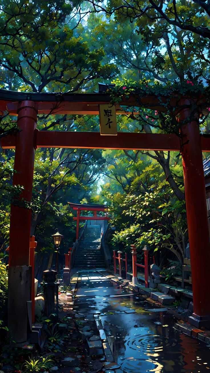 красные ворота с часами на нем посреди дорожки