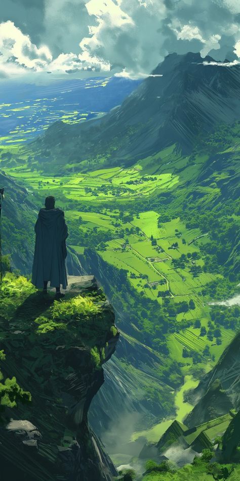 женский взгляд на мужчину, стоящего на скале с видом на долину