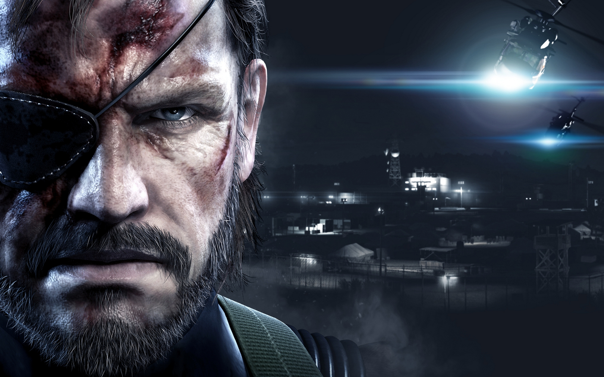 характер металлической передачи с кровавым лицом и вертолетом на заднем плане