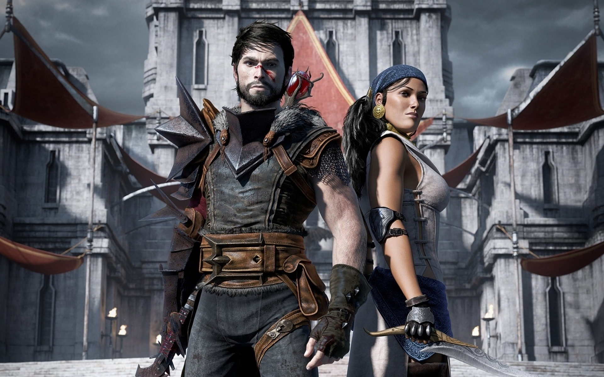 женский образ мужчины и женщины, стоящей перед замком