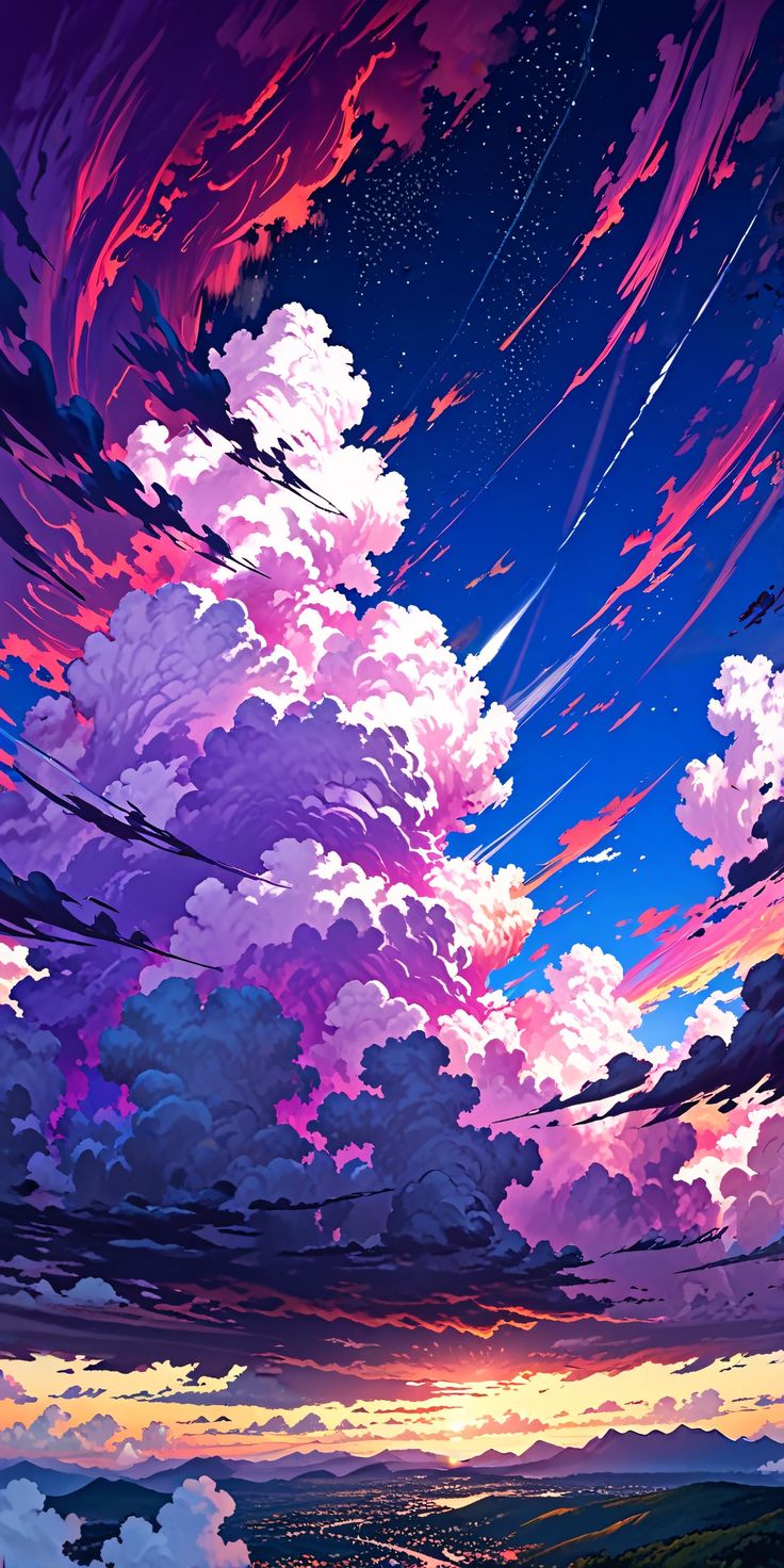 аниме облака и звезды в небе с розовым и фиолетовым небом