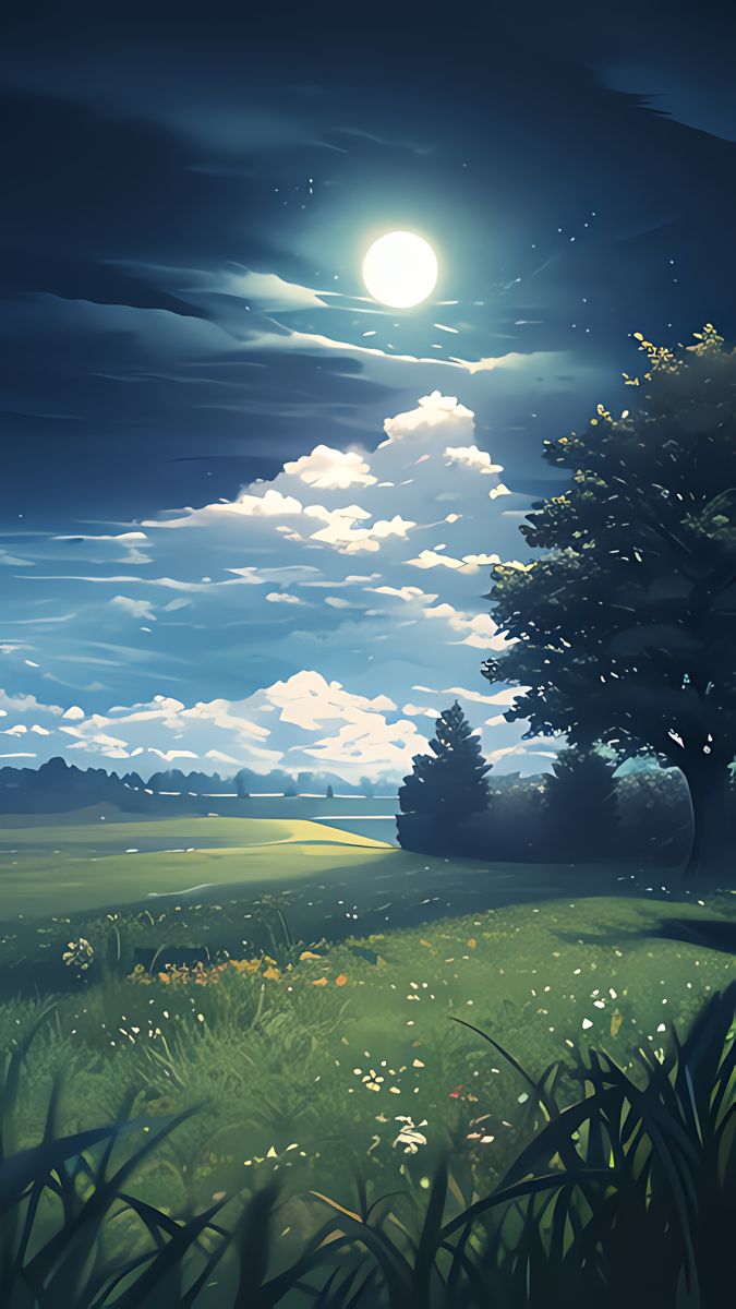 существует картина дерева в поле с полной луной