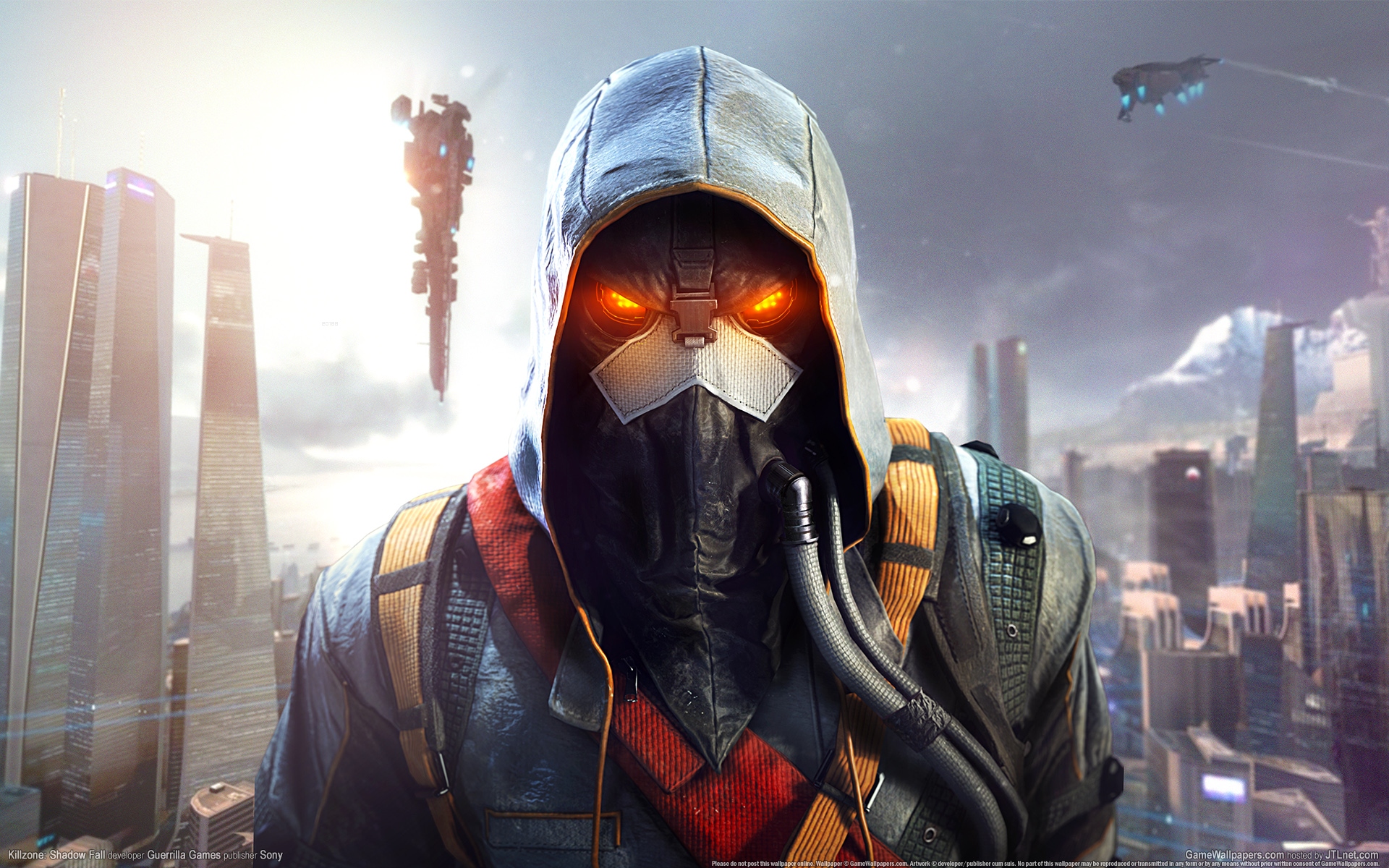 женщина в противогазе с городом на заднем плане