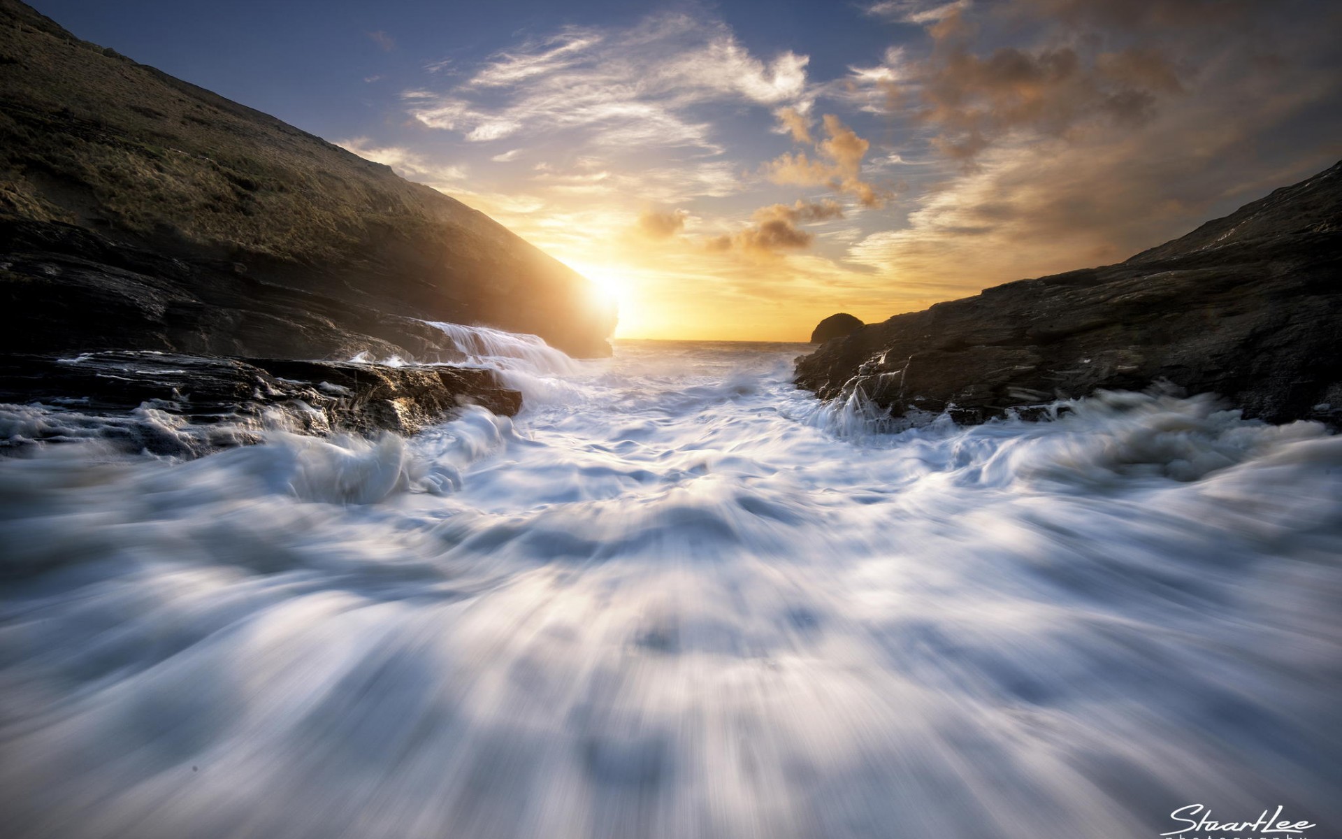 закат, водопад, море