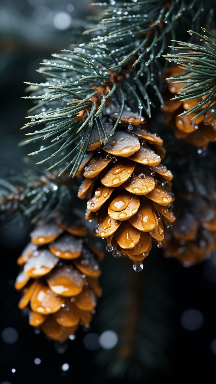 сосновый конус с каплями воды на нем
