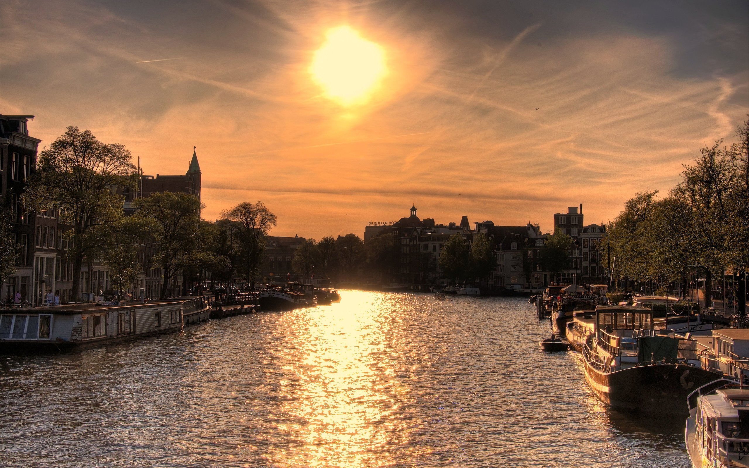 закат, лодки, amsterdam