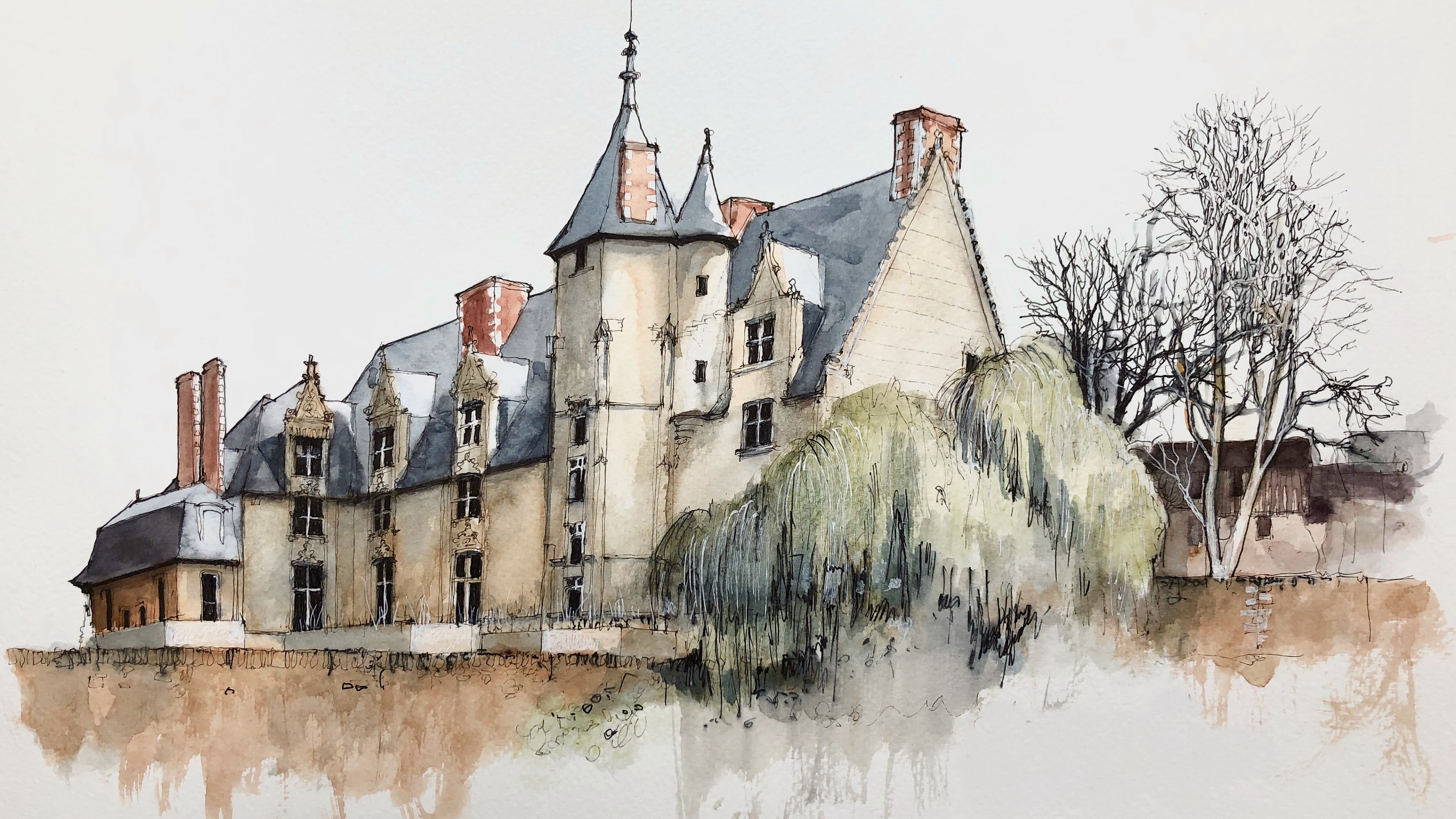 картинка, деревня, watercolor