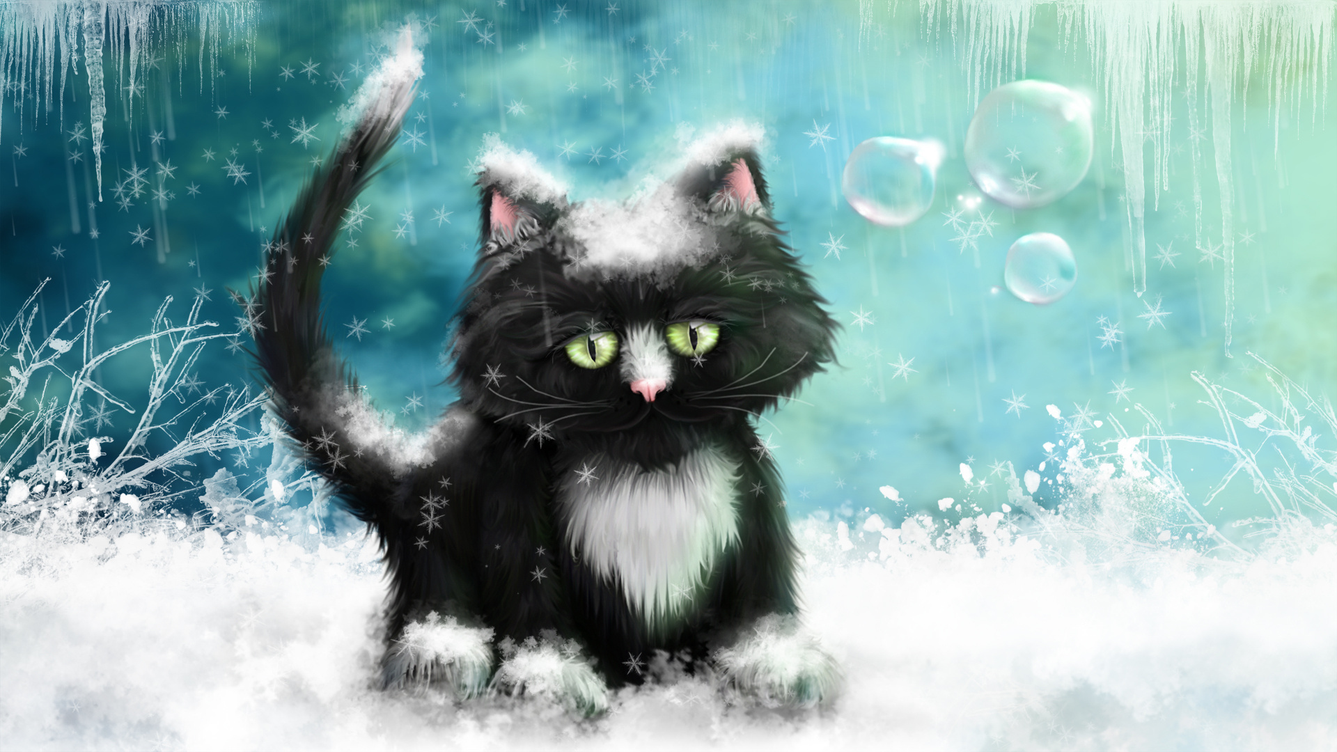 кот, снег, краска