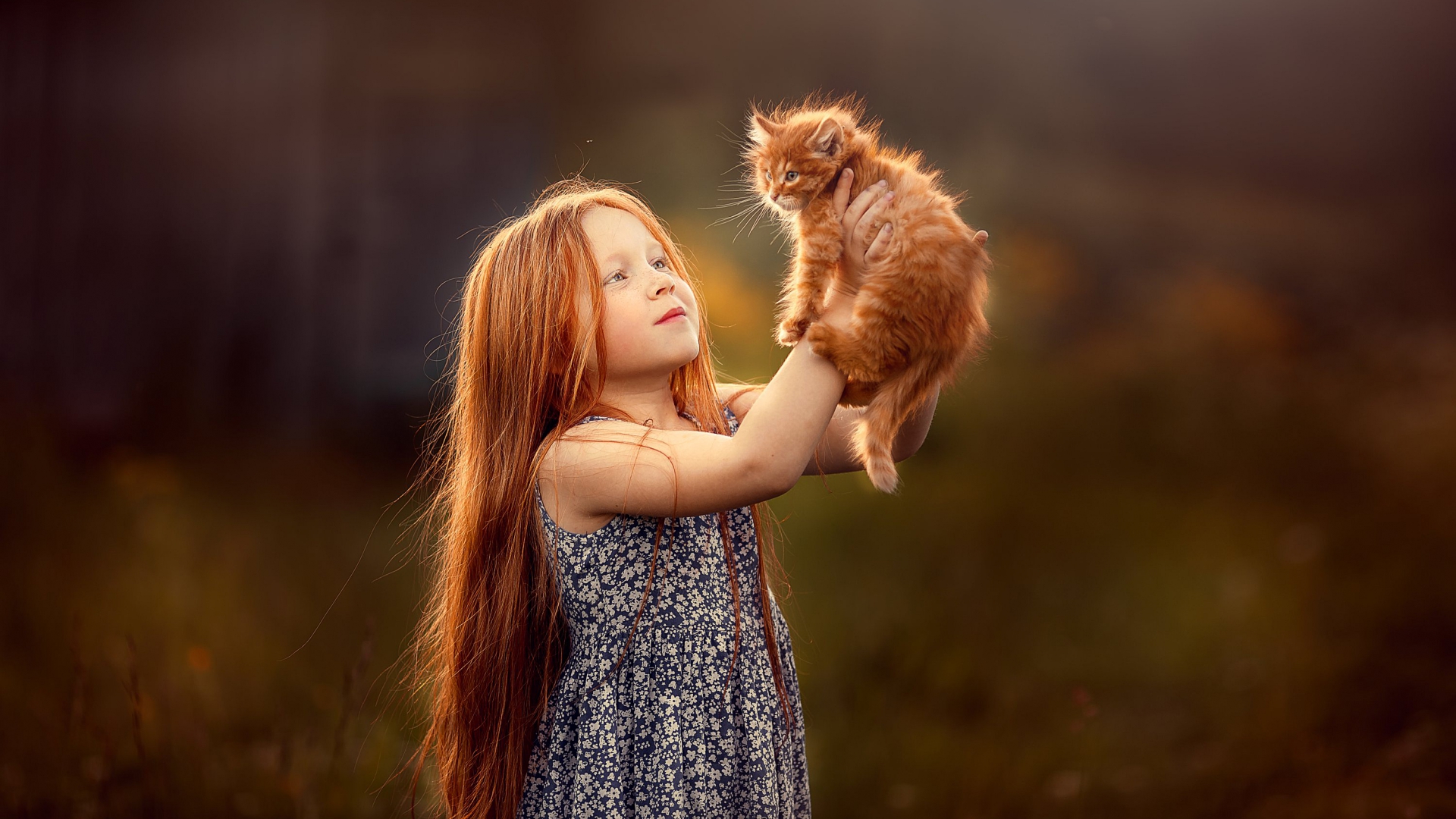 девочка, рыжая, кот