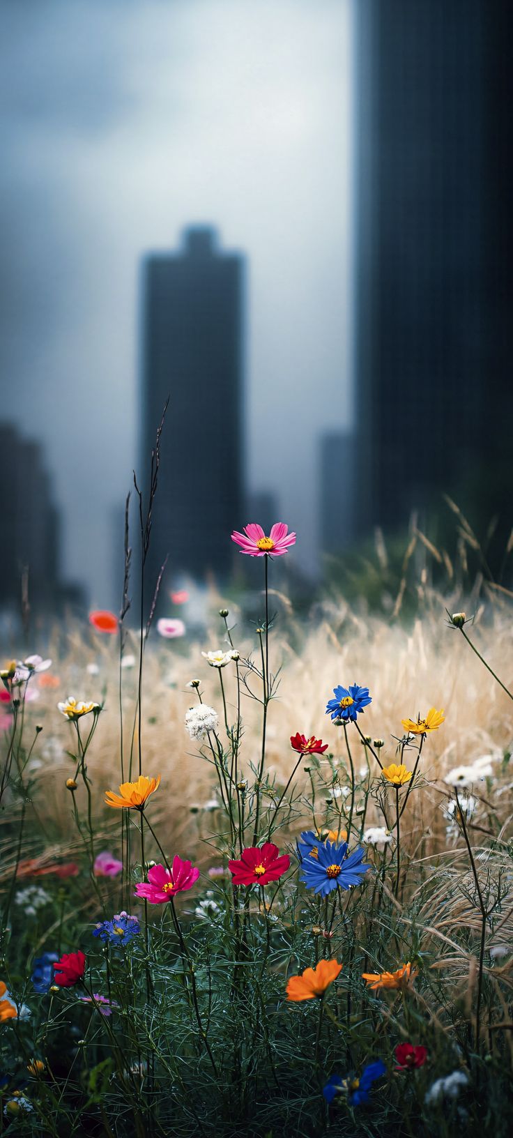 яркие цветы в поле с высокими зданиями на заднем плане