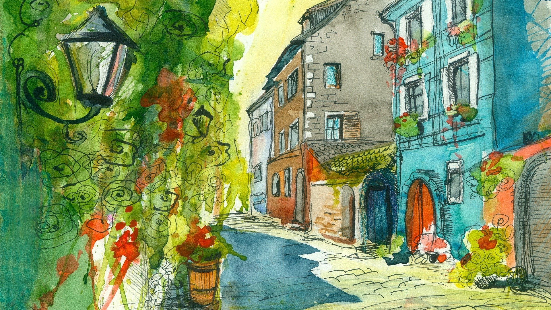 watercolor, улица