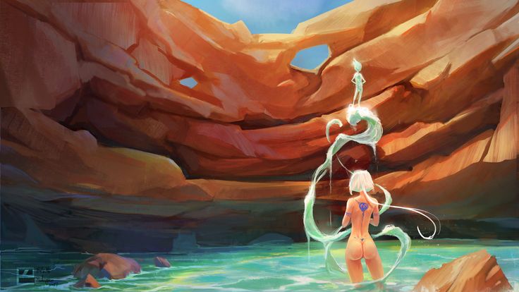 девушка в бикини, стоящая в реке с мечом