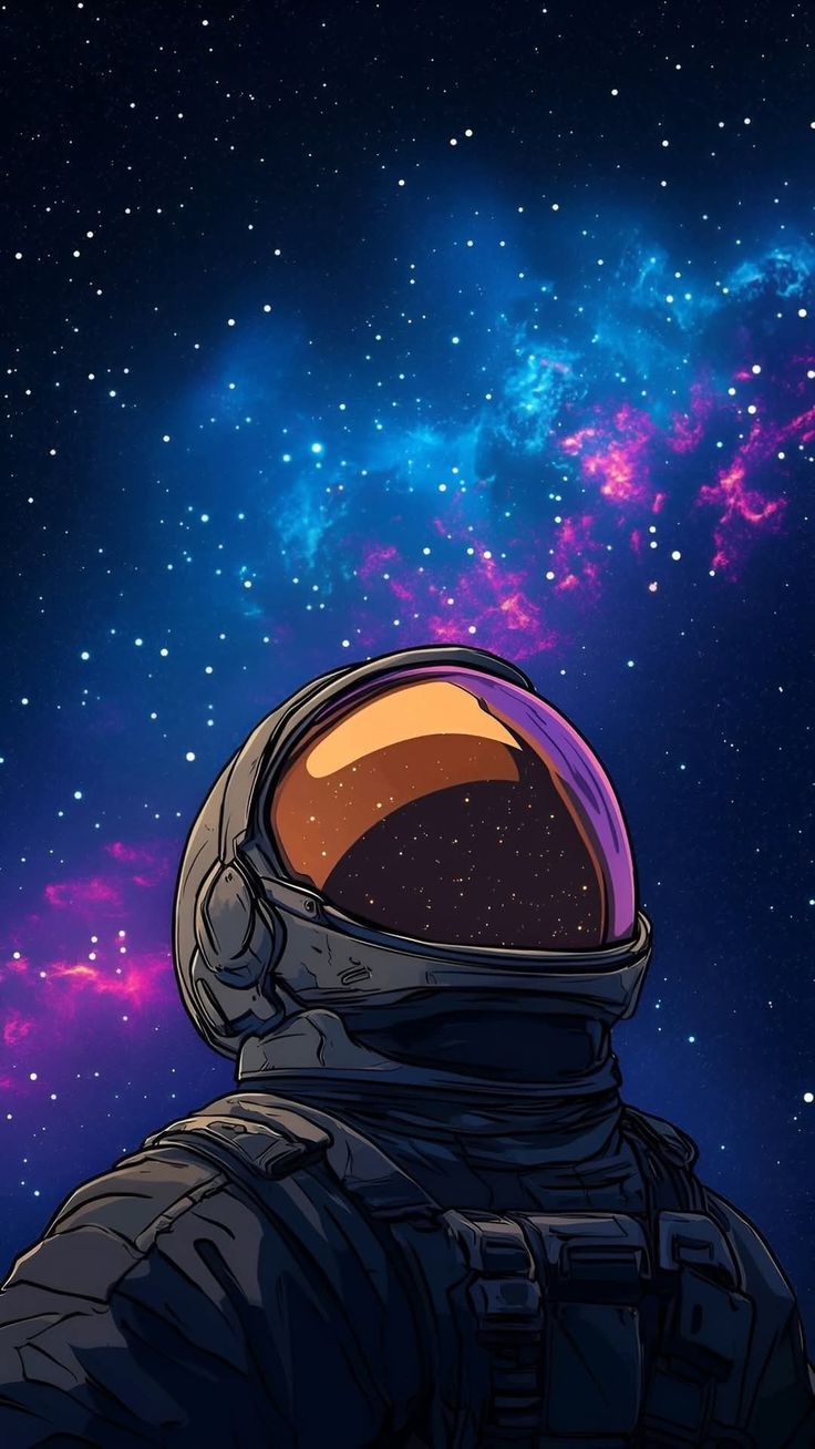 человек в скафандре смотрит на звезды