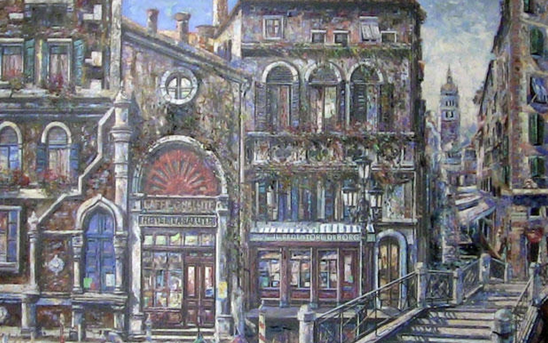 картина городской улицы с башней с часами и зданием