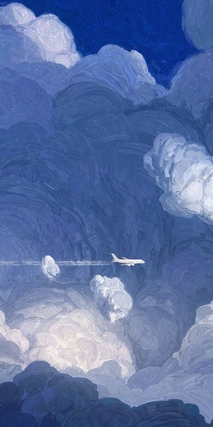 картина самолета, летящего по облачному небу с голубым небом