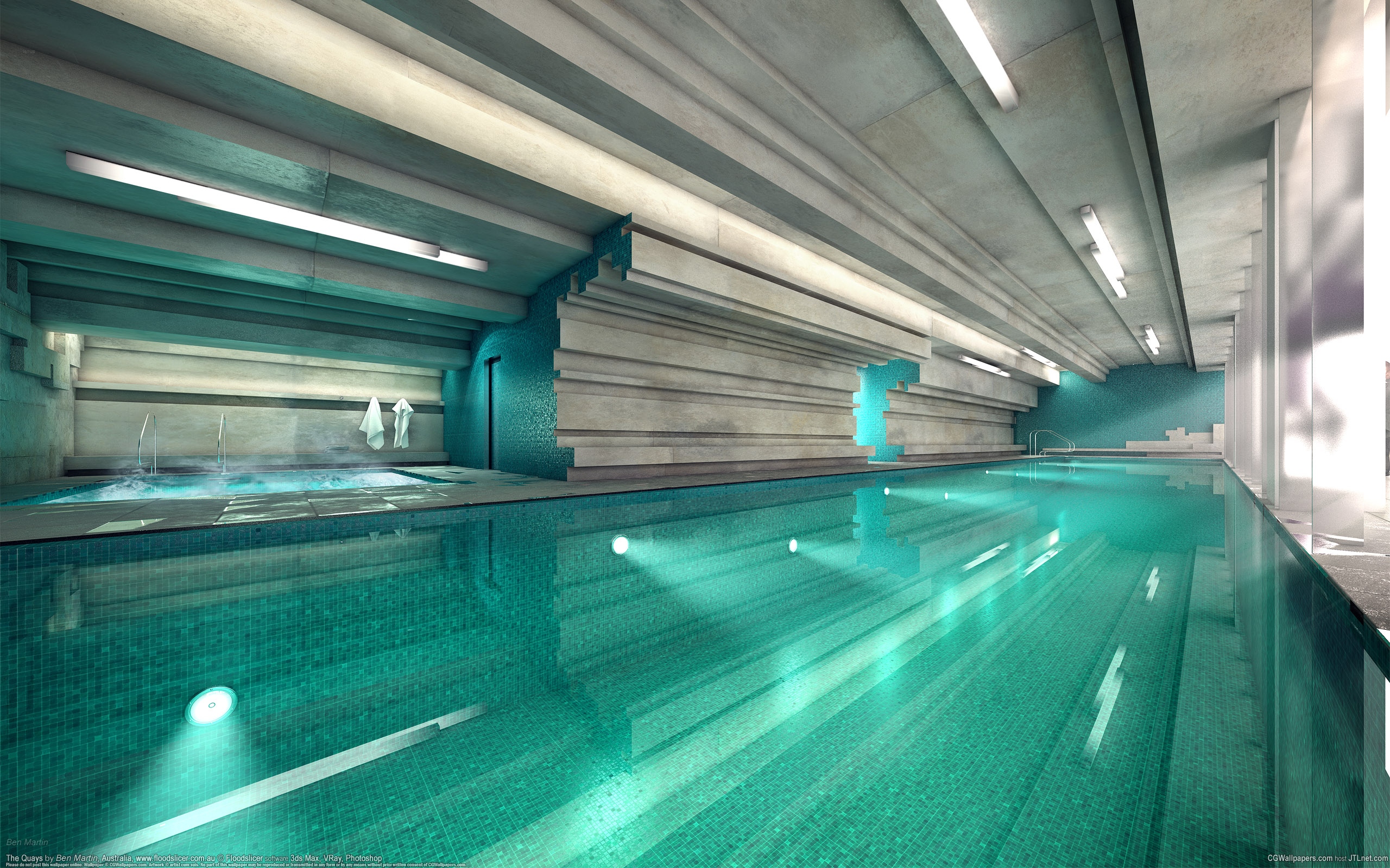 в здании есть бассейн с длинным стеклянным бассейном