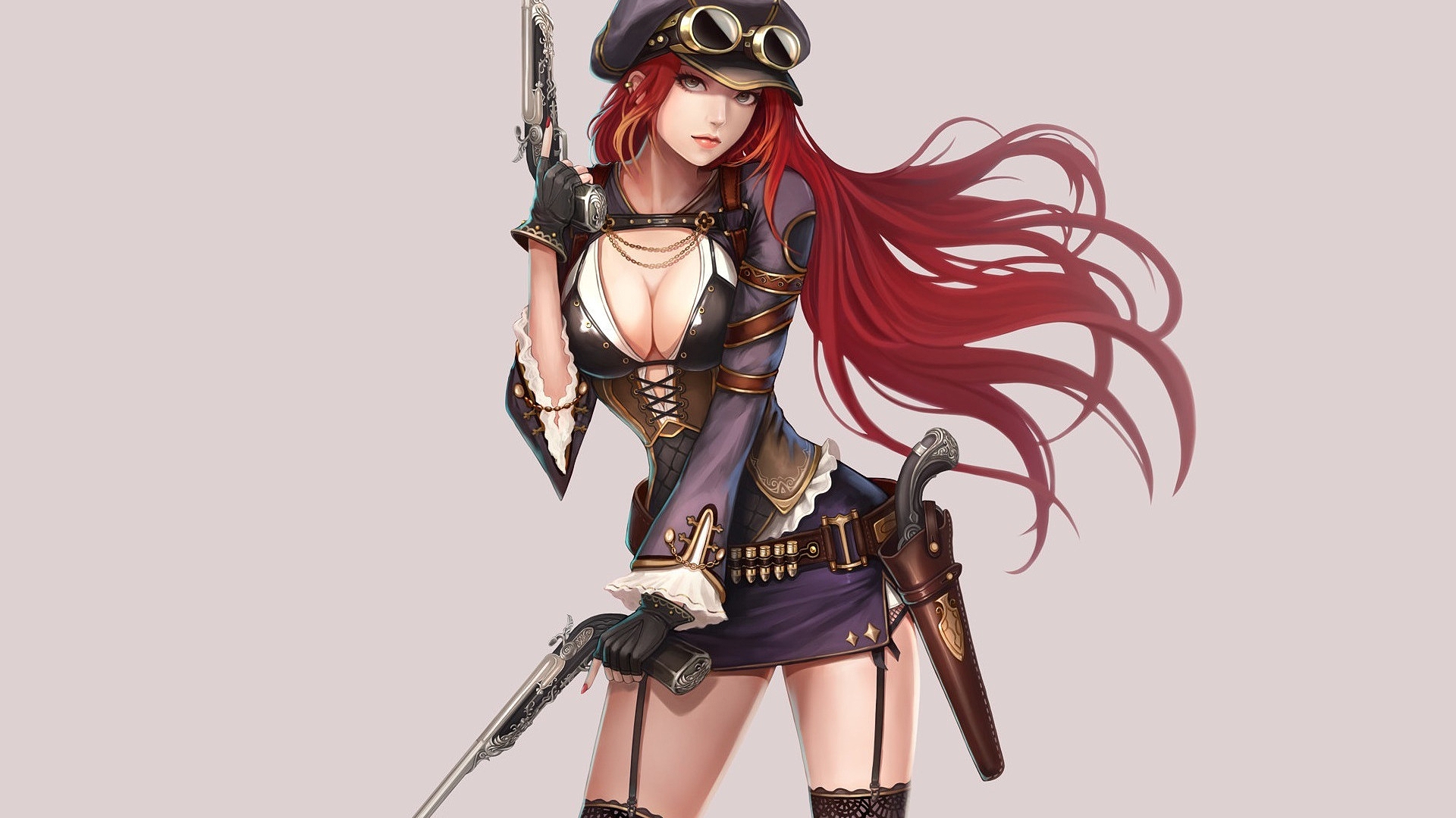 женщина с рыжими волосами и шляпой с пистолетом