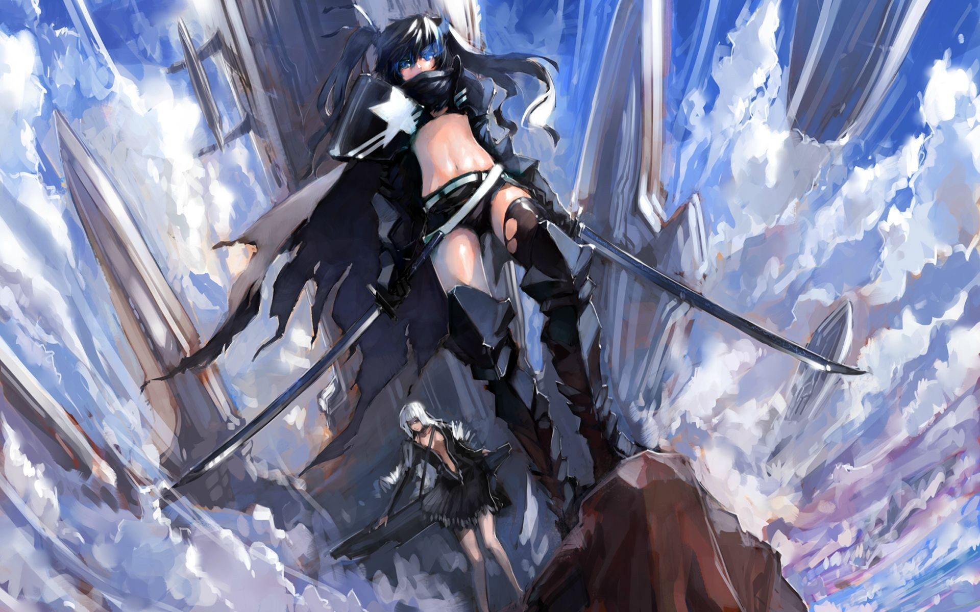 девушка с мечом и щитом, стоящая на скале