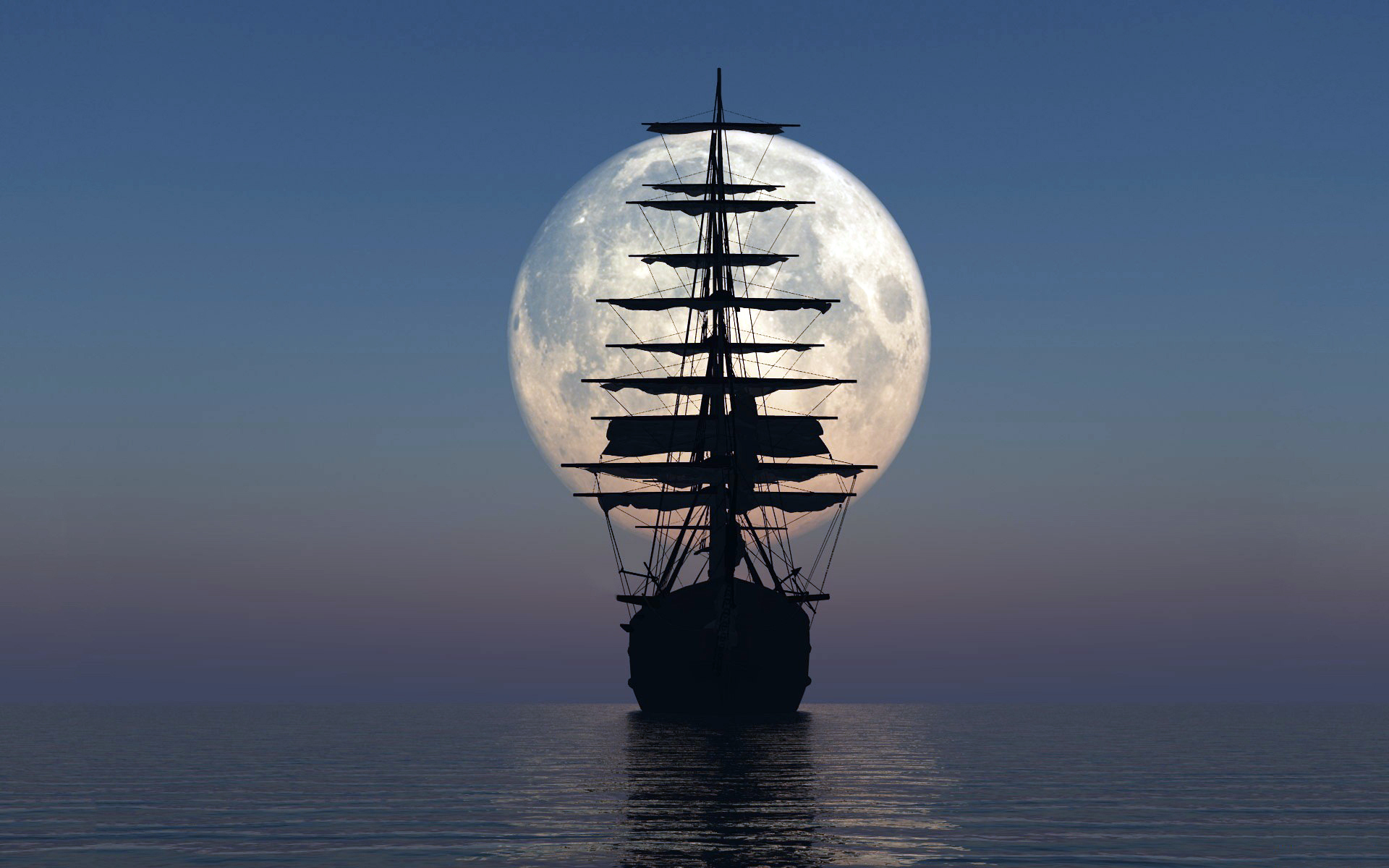 корабль, море, луна