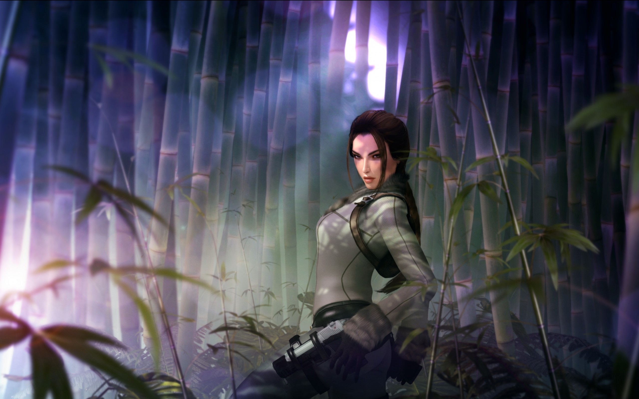 девушка в бамбуковом лесу с мечом