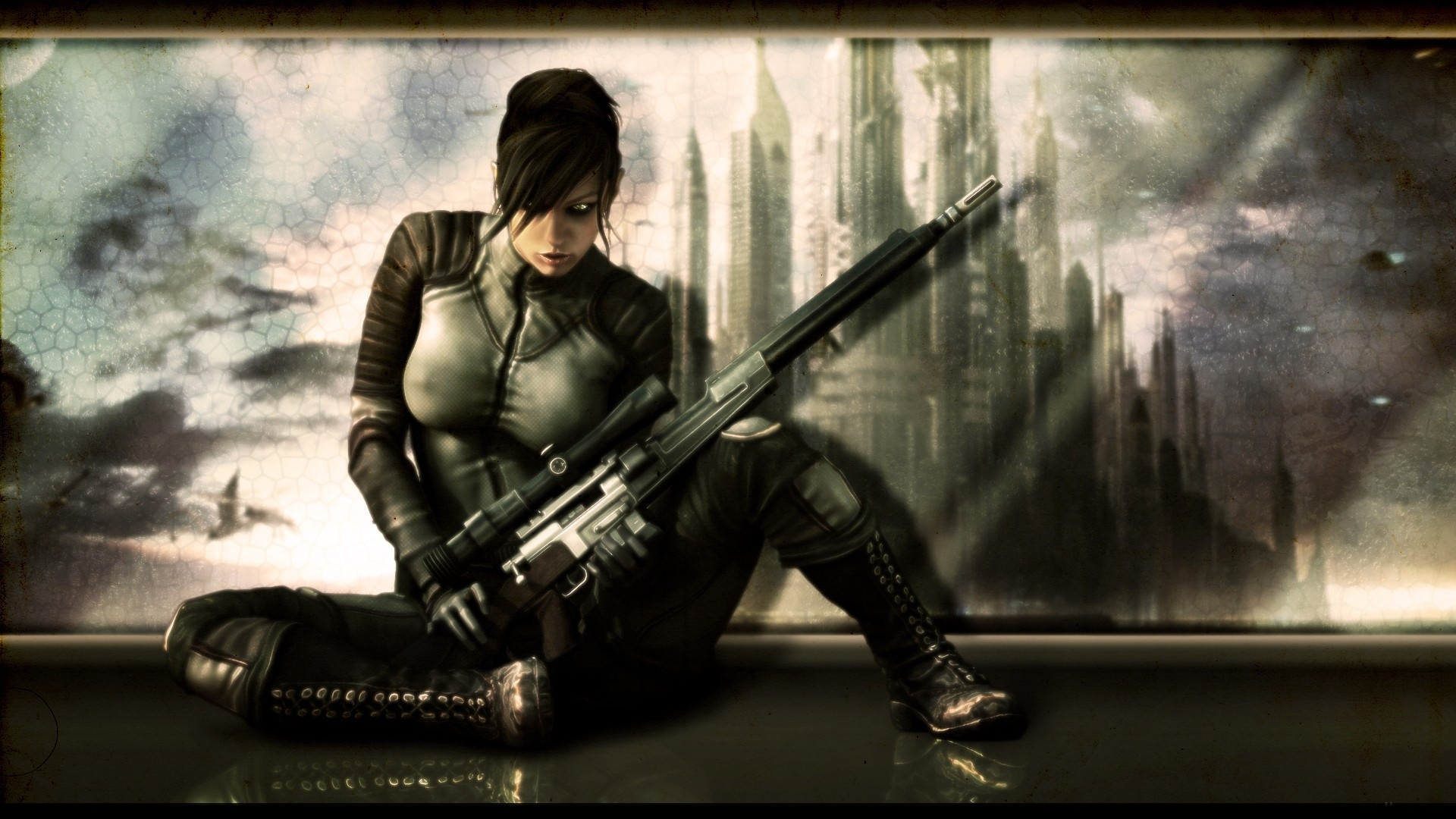 на земле сидит женщина с пистолетом