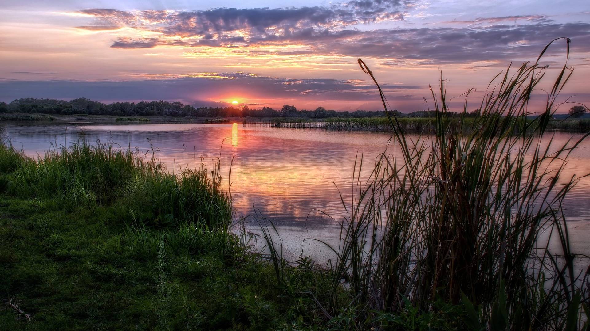 река, пейзаж, закат