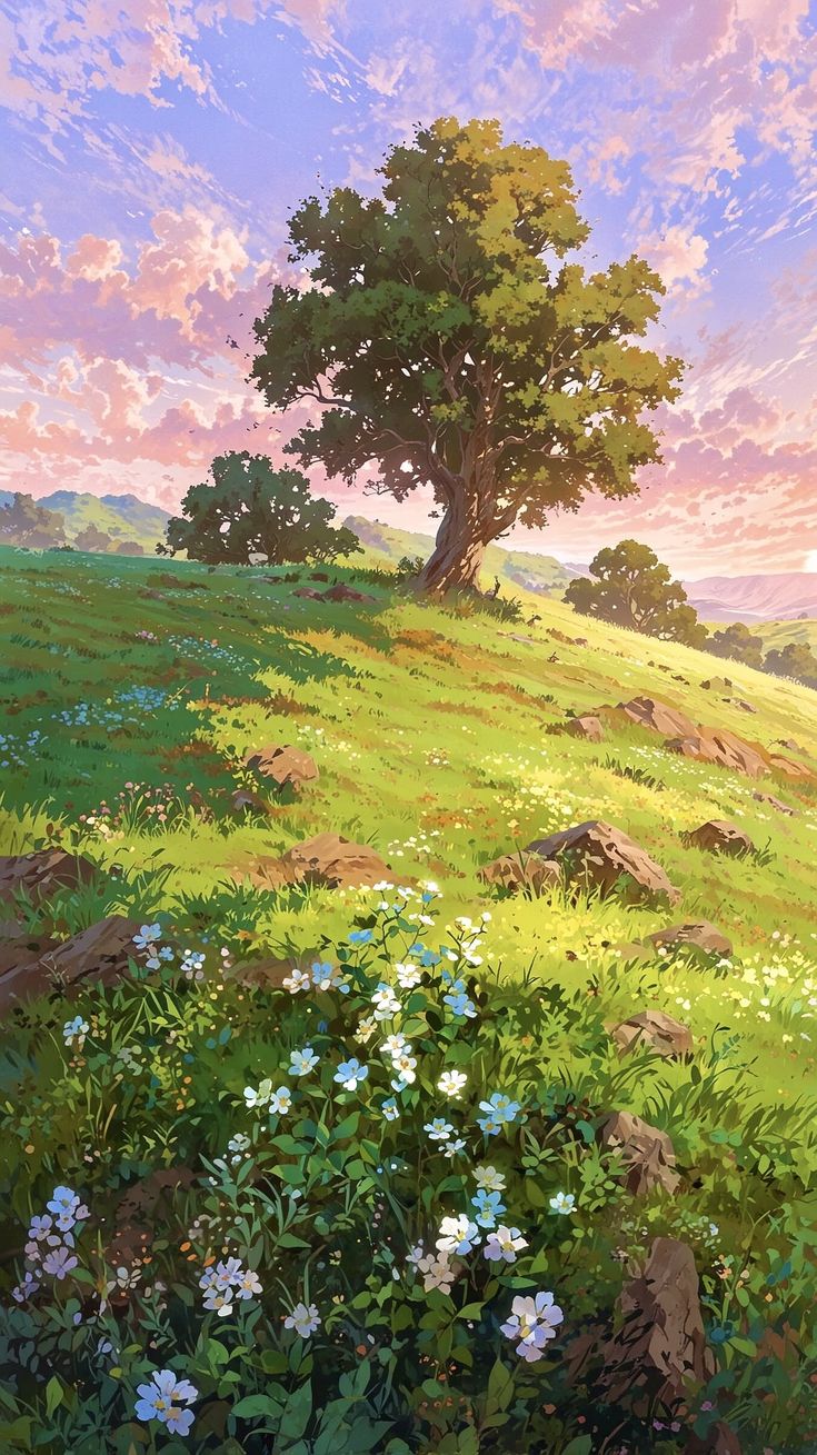пейзаж аниме с деревом и цветами на переднем плане