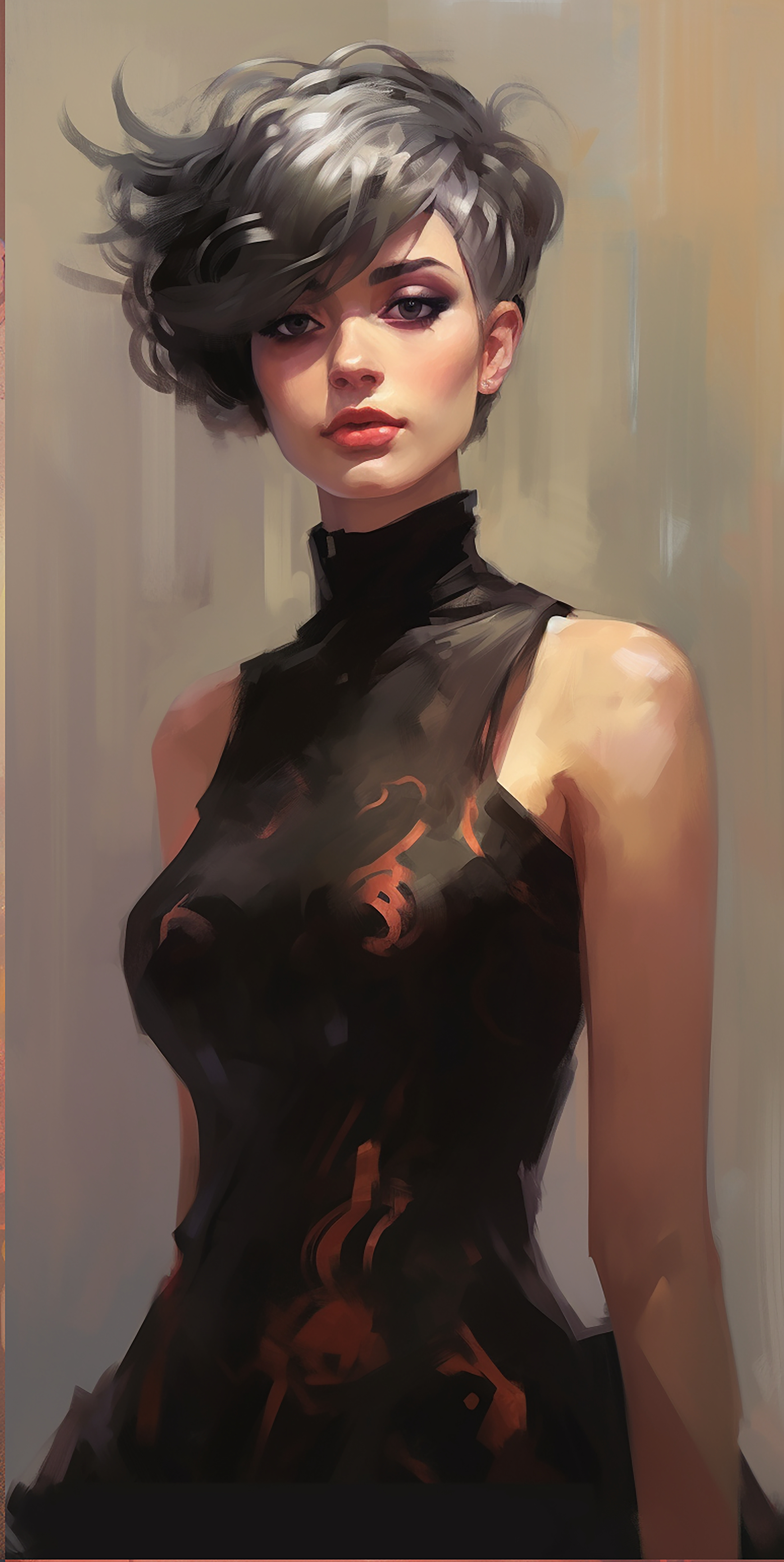 картина женщины в черном платье с красным дизайном на груди