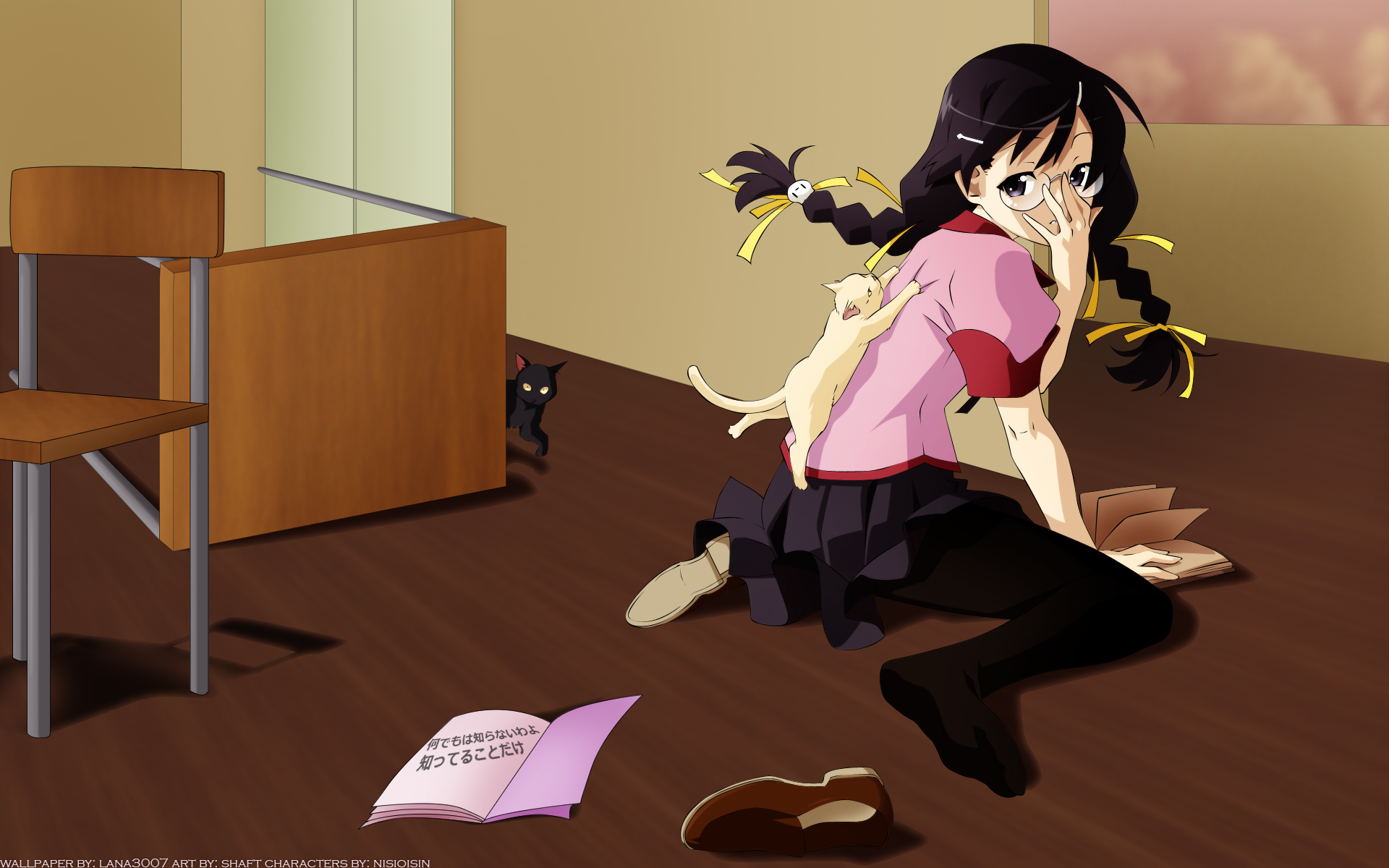 девушка-аниме сидит на полу с кошкой и книгой
