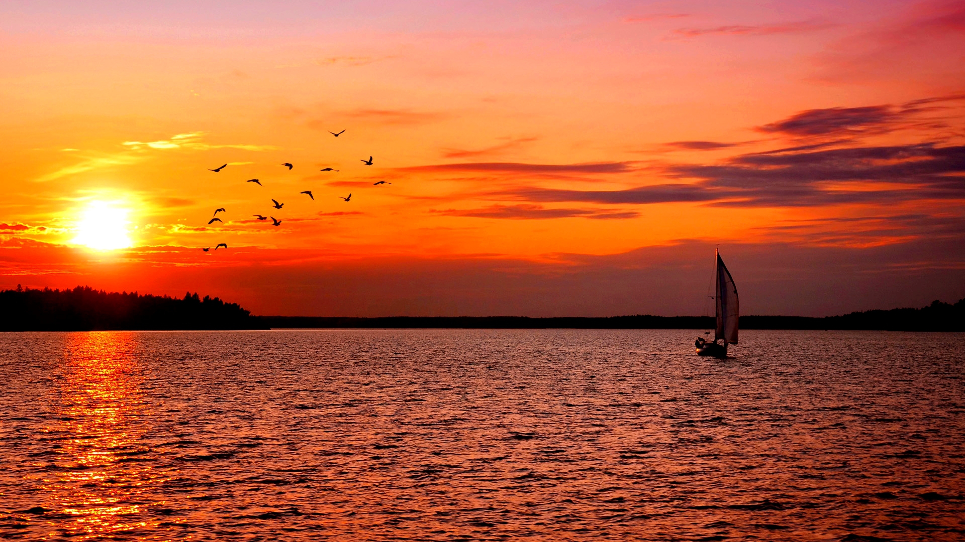 закат, парусник, лодка