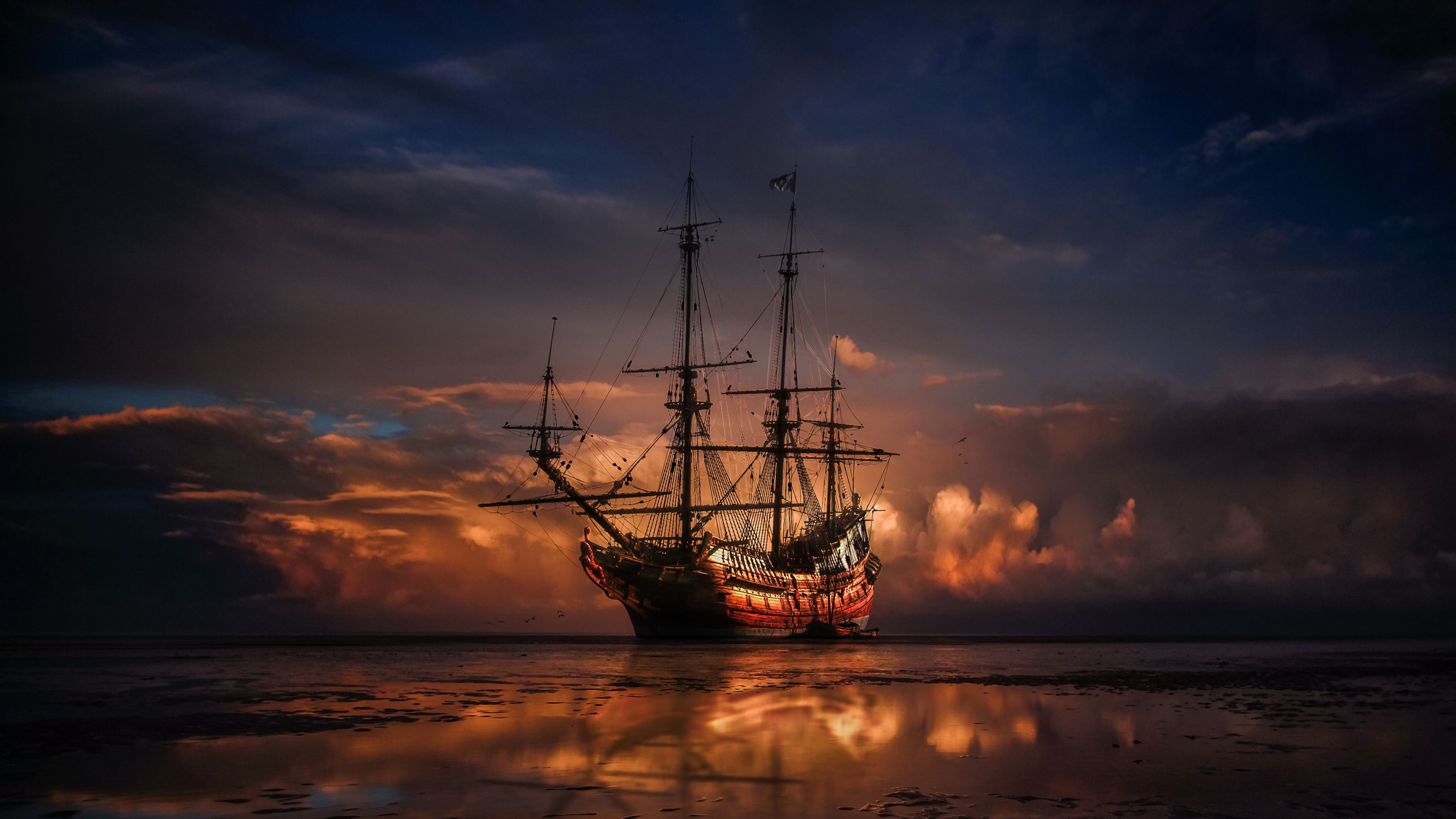 корабль, море, закат