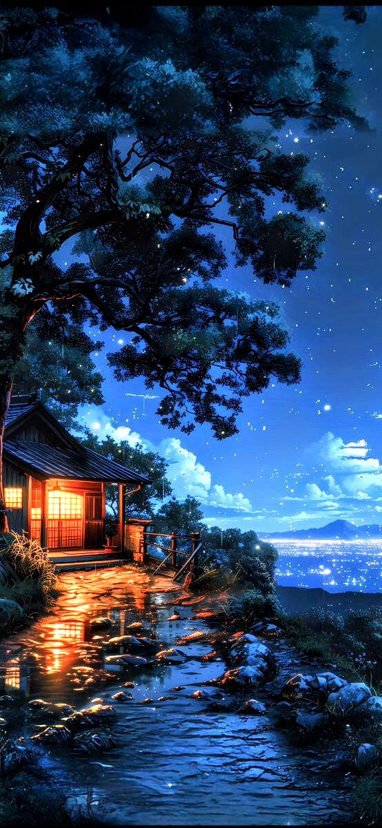 картина дома на холме с видом на город